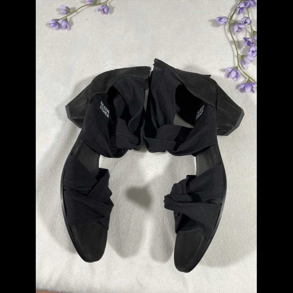 $195 Eileen Fisher Joy Twist Strappy Heeled Sandals in Black [SZ 5.5 ]‎
